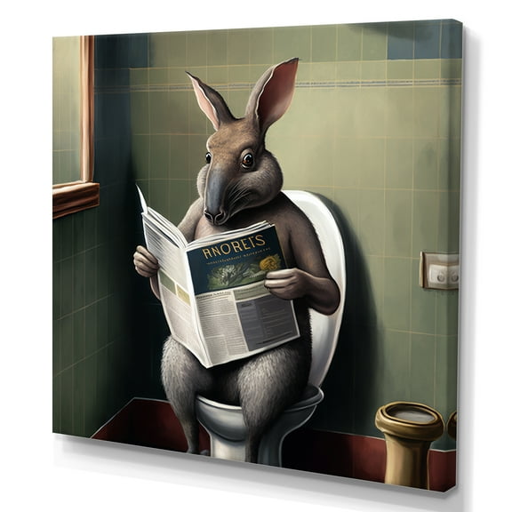 Designart Kangoroo On Toilet Reading News Canvas Wall Art
