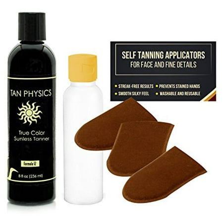 Tan Physics True Color Tanner 8 oz w/ FREE Face and Fine Detail Tanning Mitts and Empty 3oz. Travel Bottle by Sans-Sun (Best Smelling Fake Tan)