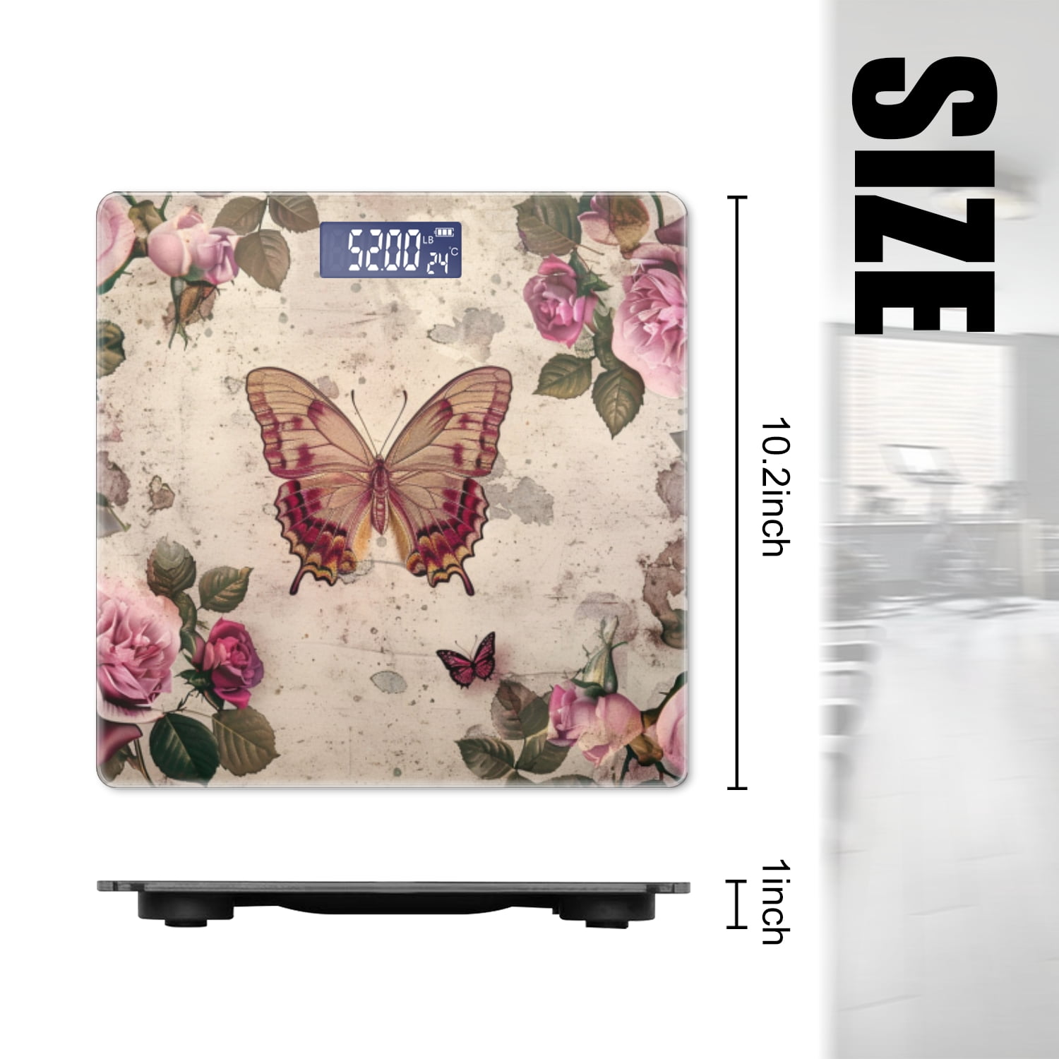High Precision Body Weight Scale Smart Bathroom Scales with Large LCD Display(400lbs),Decorative for Bedroom-Butterfly Surrounded By Pink Roses On Vintage Background