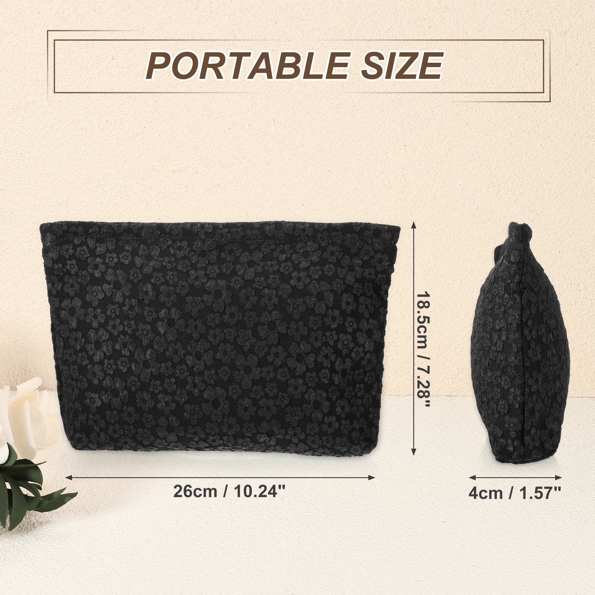 Unique Bargains Flower Cosmetic Bags Zipper Large Capacity Makeup Pouch Lipsticks Black