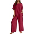 thumbnail image 2 of Bloomae Womens 2 Piece Outfits Lightweight Summer Cotton Linen Casual Lounge Matching Sets Loose Fit Roll-up Short Sleeve Crew Neck Gauze Tops and Wide Leg Pants with Pockets Set Red S, 2 of 8