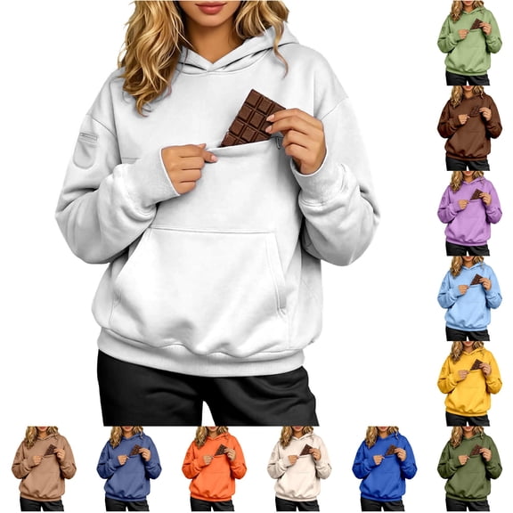 FYDUU Hoodies for Women Cozy Front Pocket Sweatshirt Solid Color Hoodie Pullover Top - Hooded Sweatshirts Womens Fall Winter Clothes