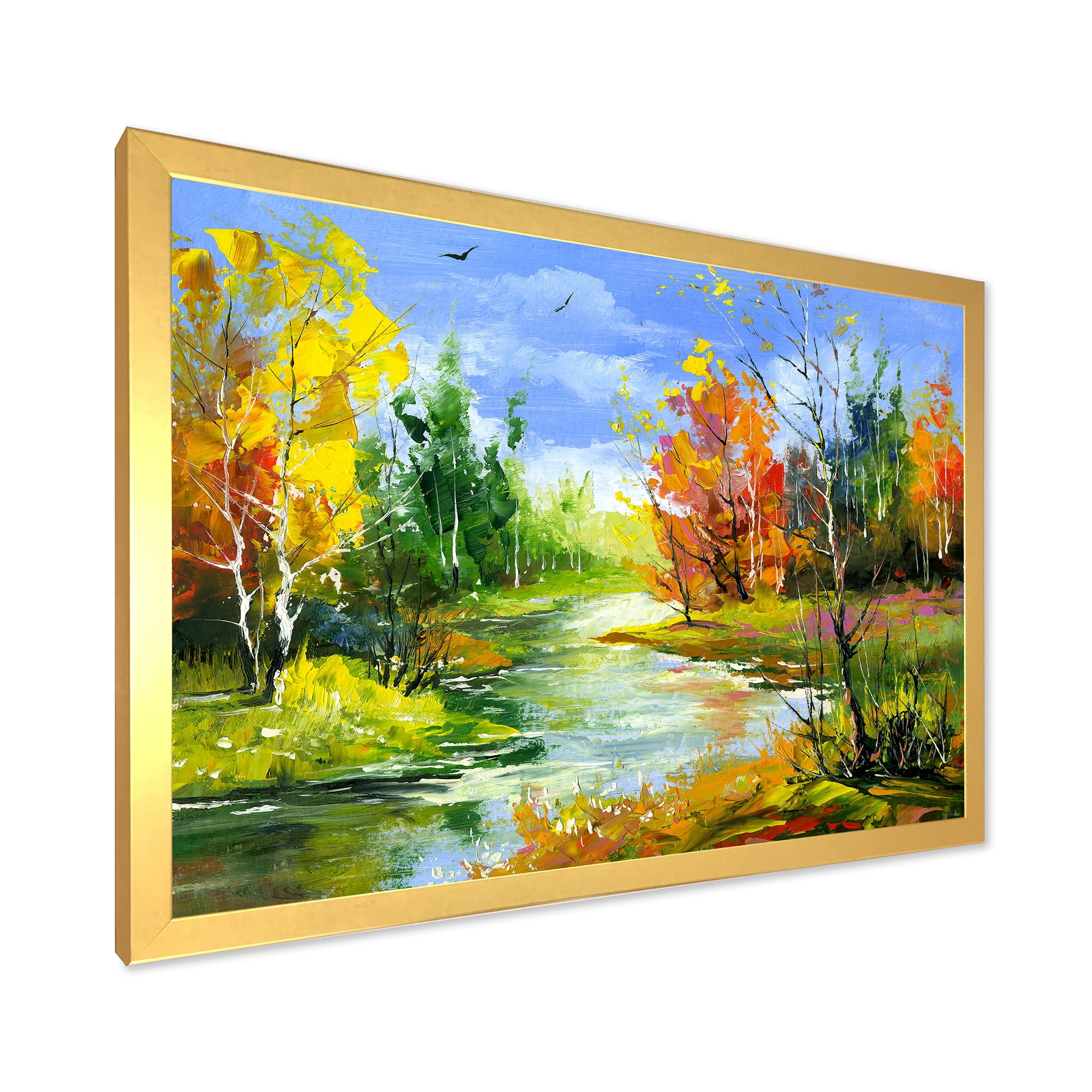 Designart 'Autumn Landscape With Forest and River' Lake House Framed Art Print