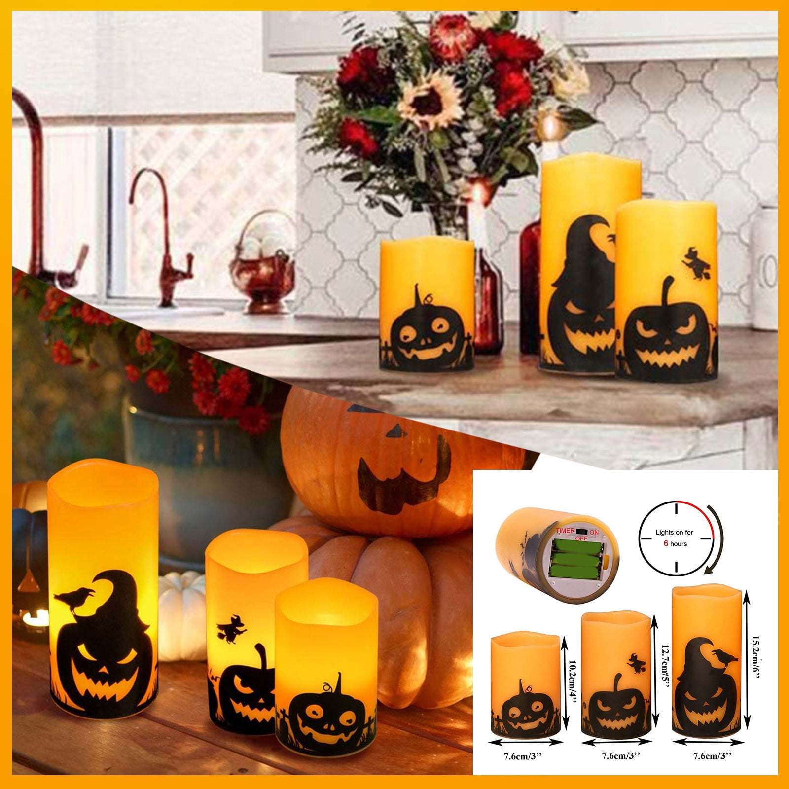 Spooky Halloween 8" Orange Glitter Battery Taper Flickering Candle  Lot of 2 