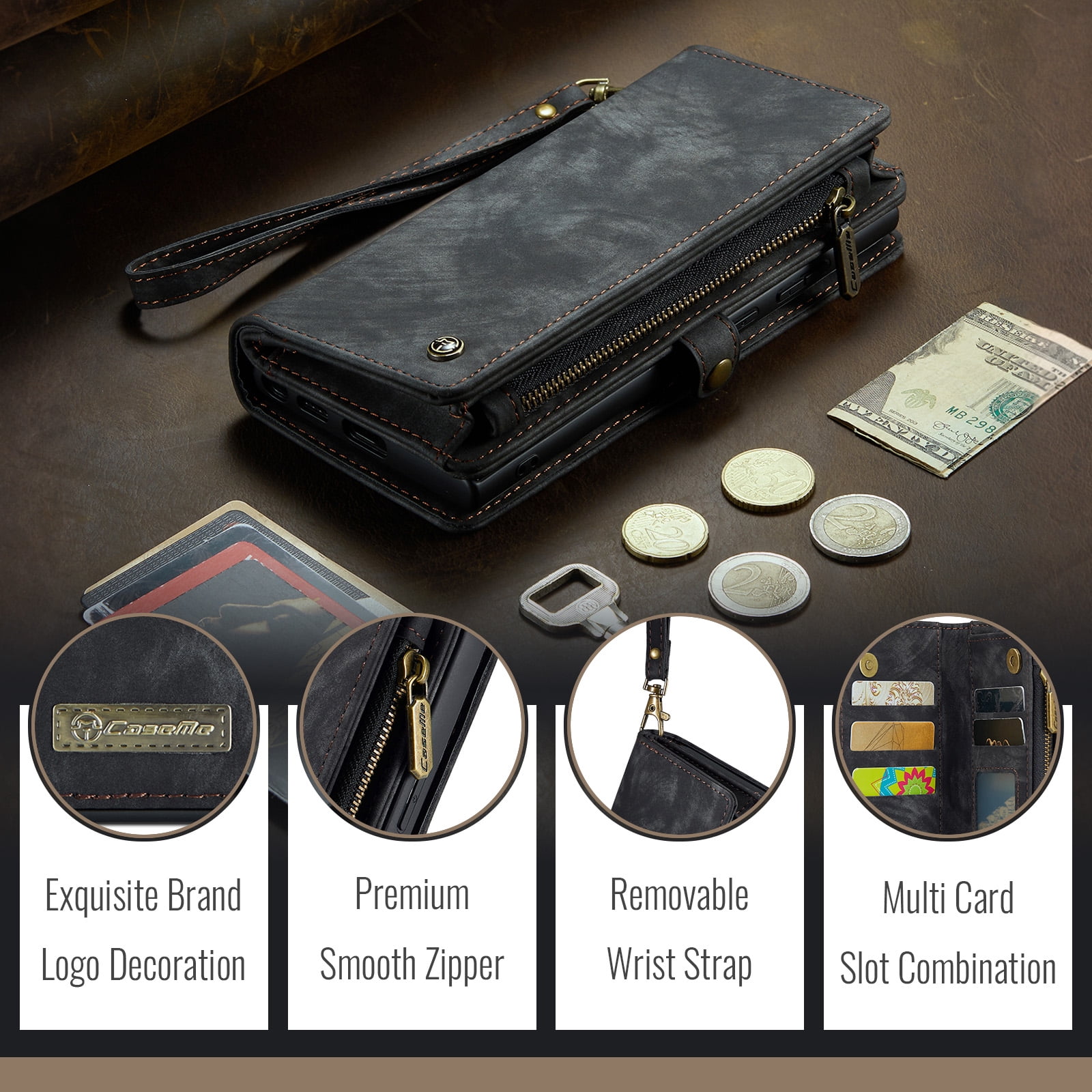 Dteck 2 in 1 Detachable for Samsung Galaxy A16 5G Wallet Case with Card Holder, Shockproof Retro Premium Flip Leather Cover Magnetic Zipper Pocket Phone Cases, Black
