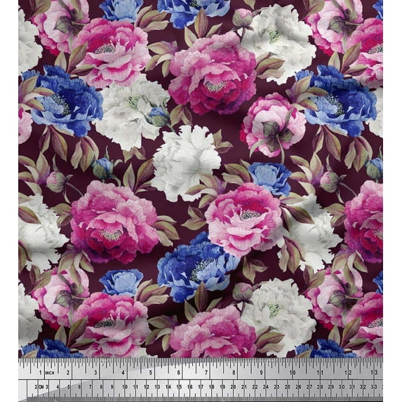 Soimoi Pink Cotton Duck Fabric Leaves & Floral Printed Craft Fabric by The Yard 56 Inch Wide