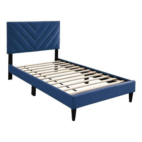 Lilian Twin Bed, Tufted Navy Blue Velvet Upholstery, Chevron Stitch