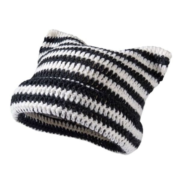 Qarigey Manténgase a la moda y cálido gorro tejido con orejas de gato para invierno, gorro tejido con orejas de gato, gorros tejidos Sombreros En blanco y negro