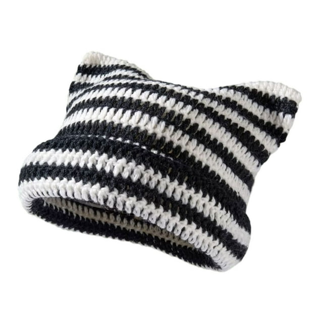 Qarigey Manténgase a la moda y cálido gorro tejido con orejas de gato para invierno, gorro tejido con orejas de gato, gorros tejidos Sombreros En blanco y negro