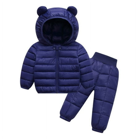 LTTVQM Baby Boys Girls Two Piece Snowsuit Winter Bear Ears Hooded Puffer Down Jacket and Elastic Waist Snow Pants Sets Navy 2-3 Years
