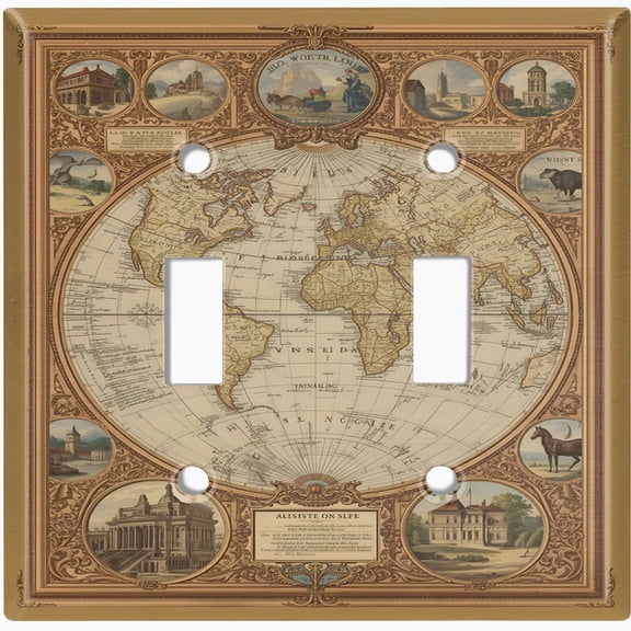 Metal Light Switch Wall Plate Outlet Cover (Printed Image of Vintage World Map - Double Toggle)