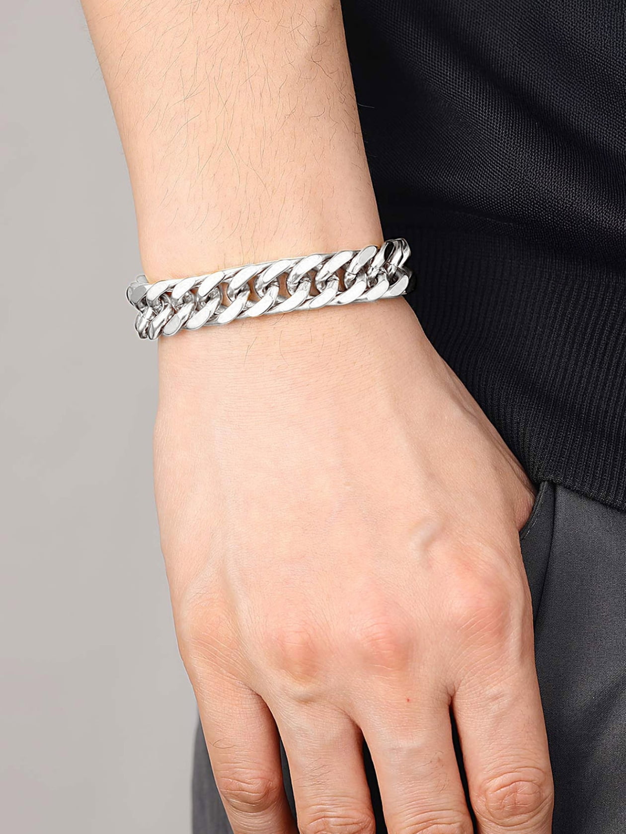 ChainsHouse Silver Cuban Link Bracelet for Men Chunky 8mm/12mm/17mm Width Men's Chain Bracelets Stainless Steel Punk Jewelry Gift