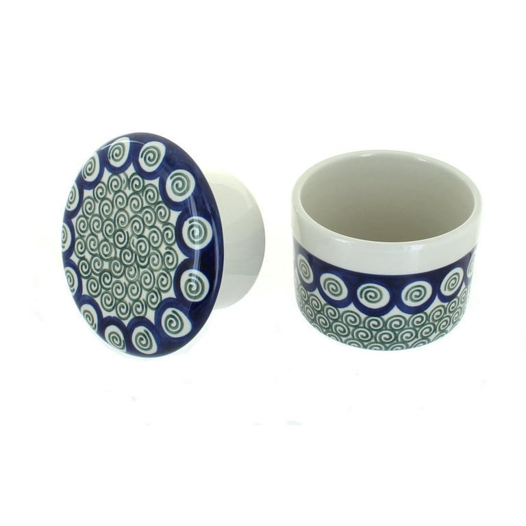 Blue Rose Polish Pottery Peacock Swirl French Butter Dish