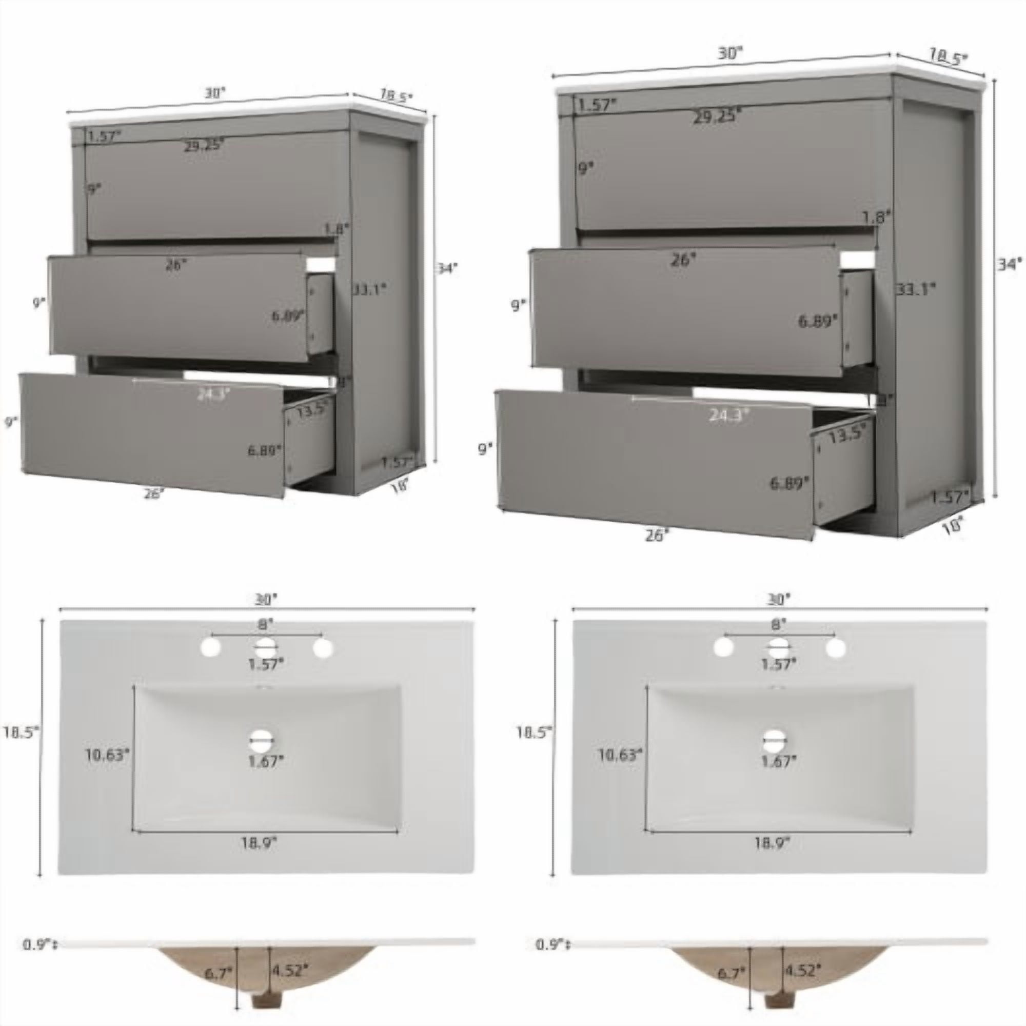 60 inch Double Sink Bathroom Vanity Set, Two Separate Ceramic Sinks Vanity, Modern Bathroom Cabinet with Soft Close Drawers, Gray