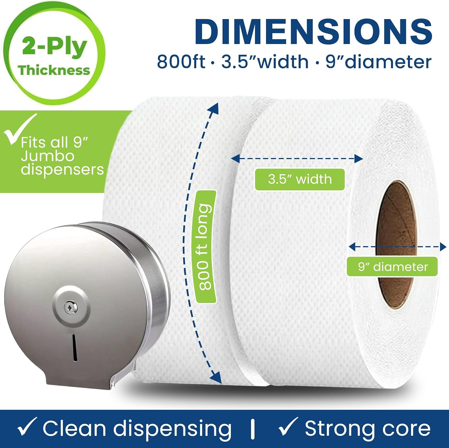 SoNeat 2-Ply Jumbo Toilet Paper Rolls, 9” Commercial Bathroom Tissue Paper, 1000 Ft. Long, Compatible with Standard Jumbo Toilet Dispenser Commercial Toilet Paper Rolls, 6 Rolls Bath Tissue Paper