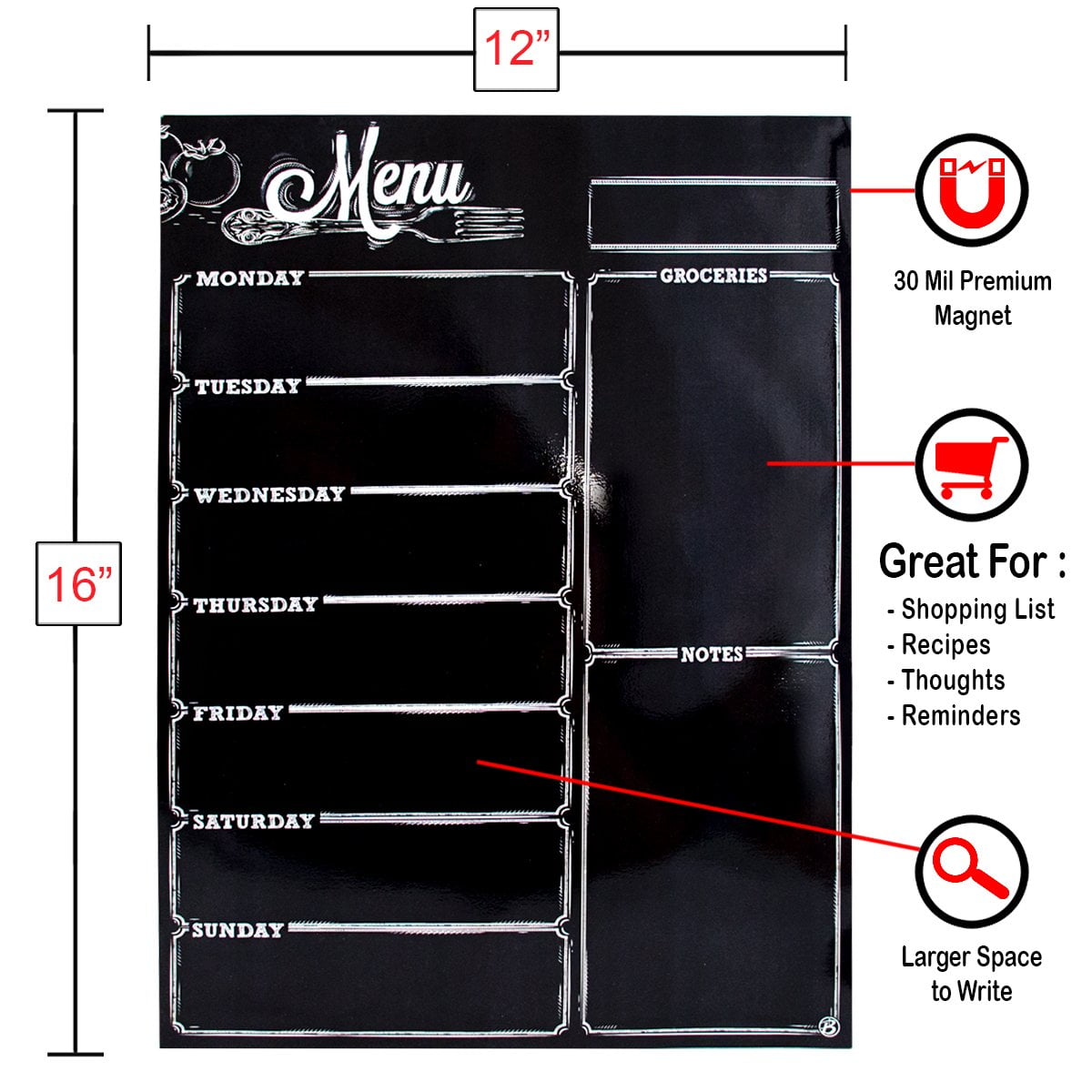 16"x12" 7 Day Calendar for Refrigerator and Grocery