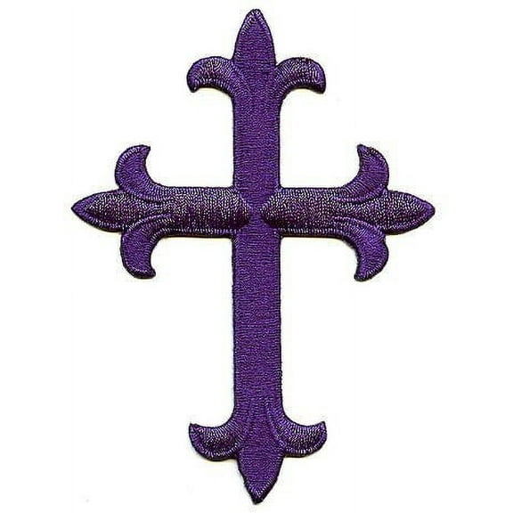 4" Purple Cross - Fleur De Lis - Religious - Iron On Applique/Embroidered Patch