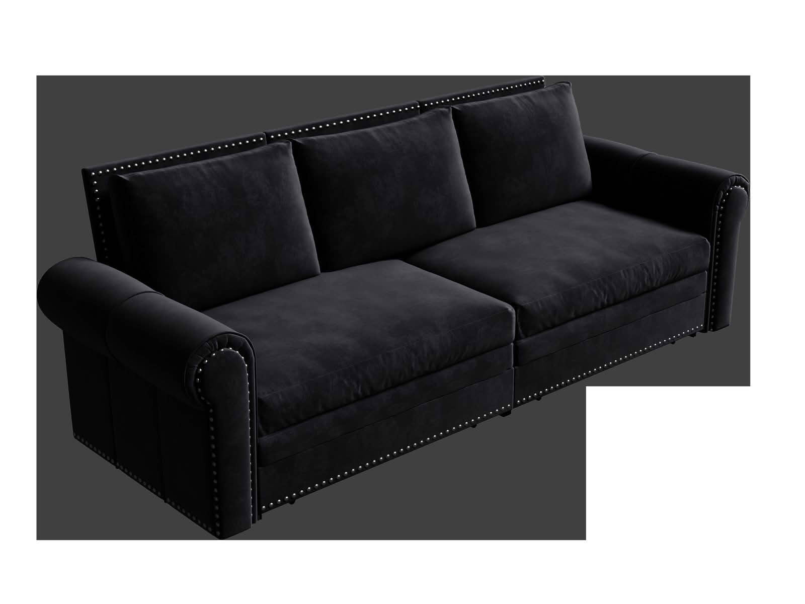 MAYEERTY 93.7" Chesterfield 3‑in‑1 Pull‑Out Sofa Bed, Velvet Sleeper Sofa with Nailhead Trim & Rolled Arms, King Size, 3 Pillows Included
