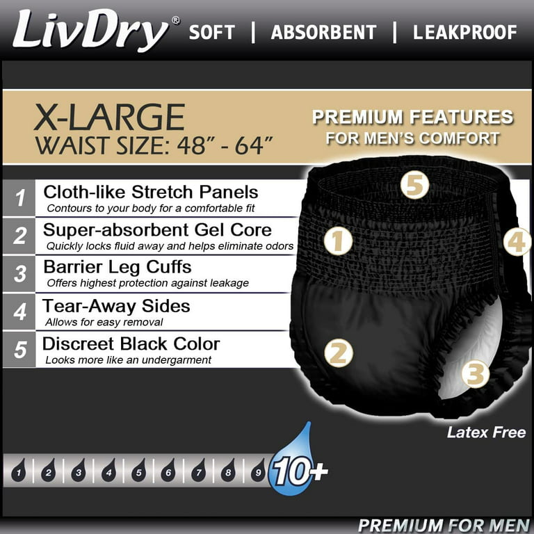 LivDry BLACK Mens Adult Incontinence Underwear, Supreme Comfort Absorbency  (X-Large, 11-Pack) 
