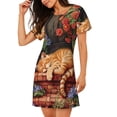 thumbnail image 2 of Balery Sleeping Cat Flowers Camisón de manga corta con cuello redondo para mujer, cómodo y elegante., 2 of 6