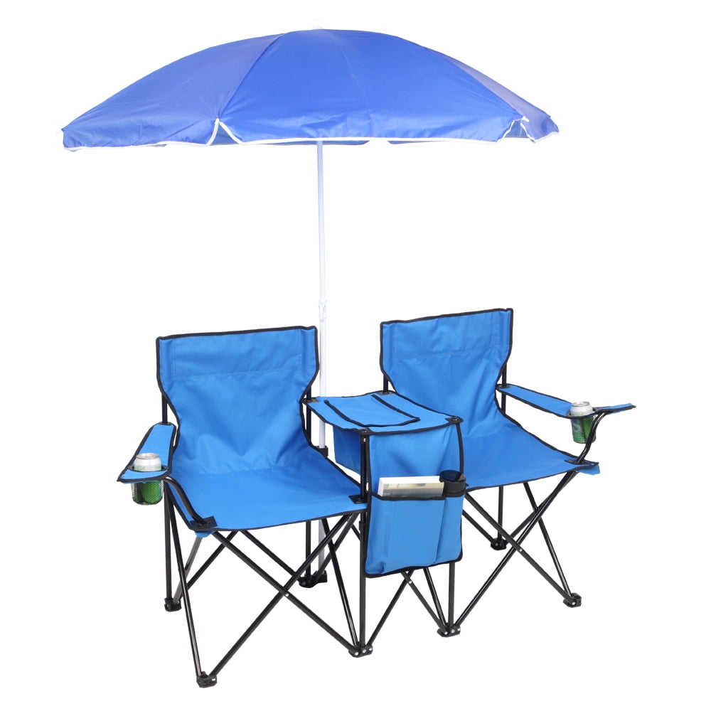 2-Seat Outdoor Folding Chair with Removable Sun Umbrella, Blue