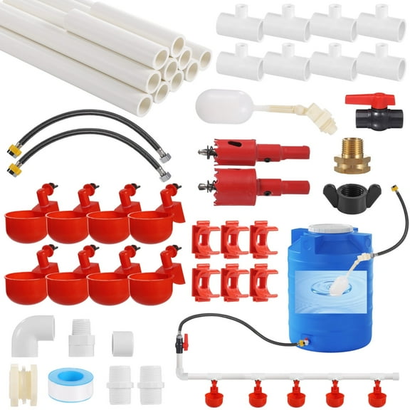 Automatic Chicken Waterer System, Complete Set, Automatic Chicken Watering Kit with PVC Pipes, Garden Hoses, Float Valve, Leak-Proof Poultry Water Cup System, Easy Installation