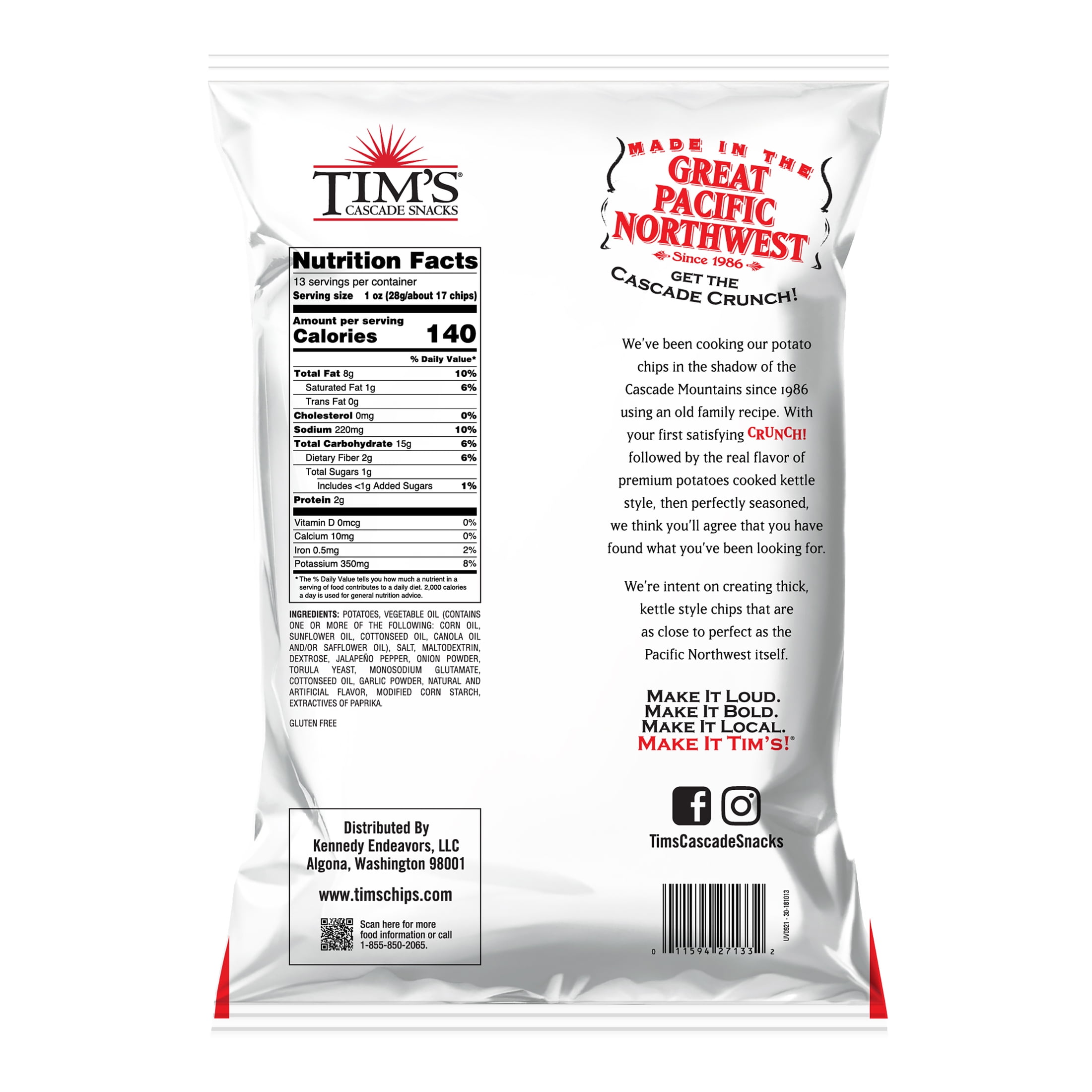 Tim's Cascade Snacks Jalapeno Cascade Style Potato Chips, Gluten-Free, Party Size, 13 oz Bag