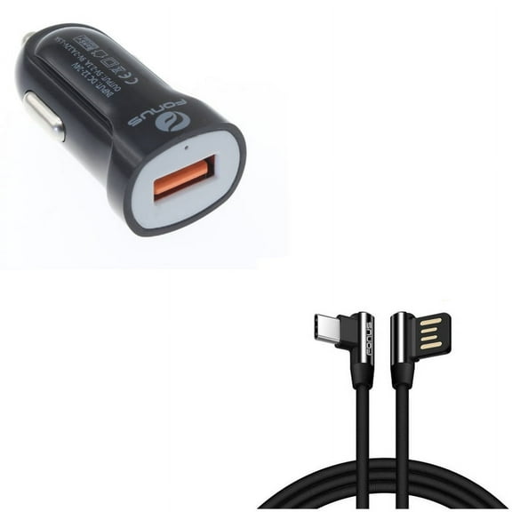 Fast USB Port 18W Car Charger w Charger Cord 10ft Type-C Angle USB Cable P2V for Microsoft Lumia 950 - Motorola One, Moto Z4 Z3 Play Z2 Play Z Play Droid Force Droid X4, Revvlry Plus, G7 Power
