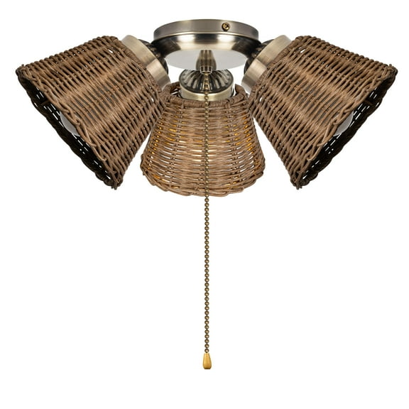 Kiven Antique Gold Ceiling Fan Light with Rattan Lampshade, 3-Light Ceiling Fan Light Switch & Socket Replacement Parts with Pull Chain Switch, E26 Socket XDD779