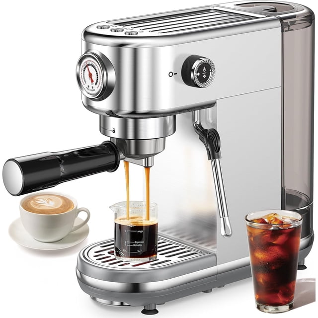 Cafetera espresso Atatix con espumador de leche, 20 bar, color plateado