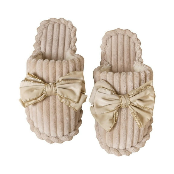 Xfvqtps Slippers for Women House Bedroom Corduroy Bow Close Toe Slide Comfy Fall Winte Slipper Beige