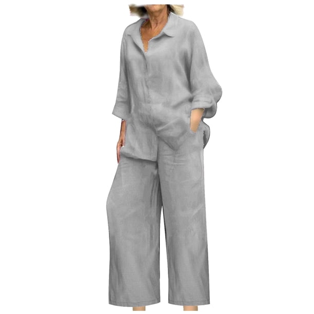 Ploknplq Jumpsuits for Women,Jogging Suits for Women Plus Size,Lounge Sets for Women,Linen 2 Piece Sets Shirts Wide Leg Pant,Matching Sets Women Clothing,Track Suits for Women Set Gray 2XL