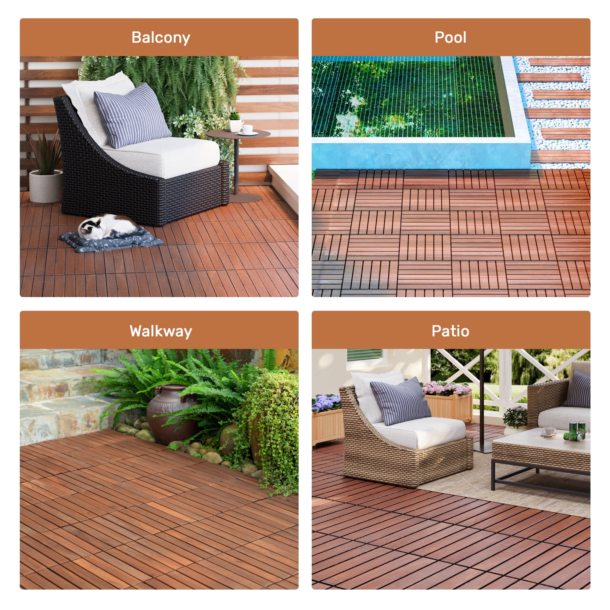 10-Pack Plastic Interlocking Deck Tiles,12"x12" Waterproof Patio Tiles for Indoor Outdoor Use,Patio Floor Decking Tiles for Garden Lawn Porch Poolside Balcony,Brown