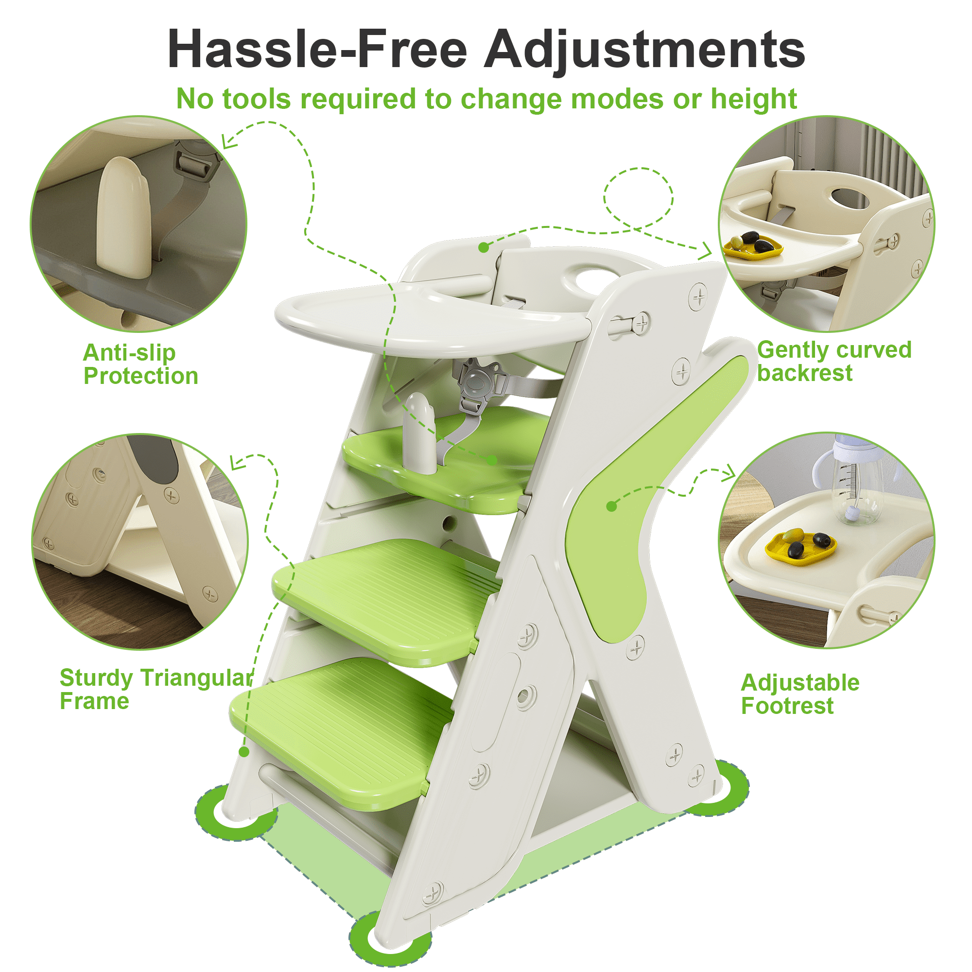 Wohh 3 in 1 Multi Functional Growing Up Dining Chair for Eating, Convertible Baby High Chair Toddler Learning Tower & Step Stool, Adjustable Height with 5-Point Harness, Removable Tray(Green)