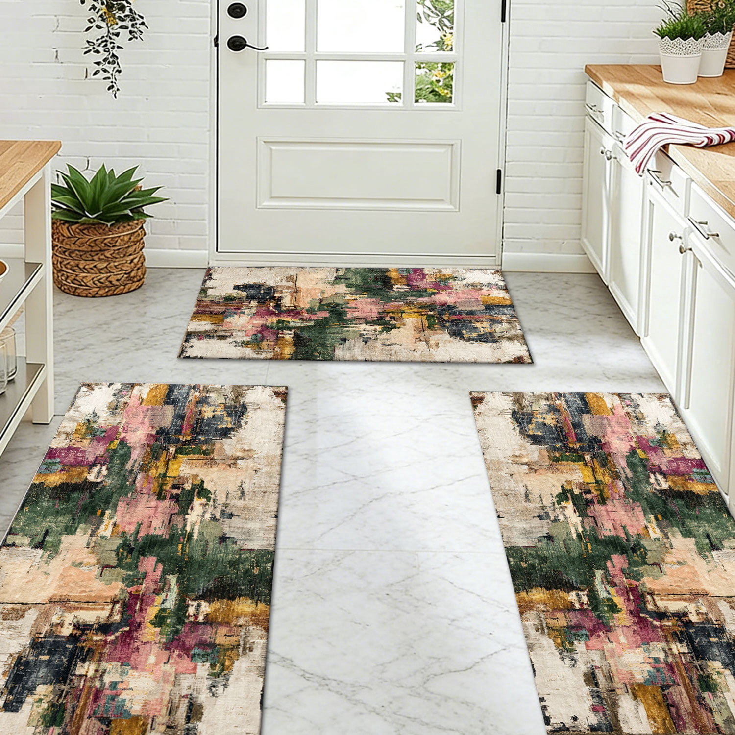 3 Piece Kitchen Rug Set, Non-Slip And Washable, Abstract Pattern Kitchen Hallway Rug, Soft And Comfortable, Suitable For Sinks, Floors, Entrances, Hallways and Bathrooms