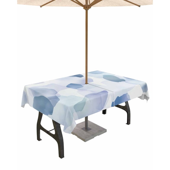 Outdoor Tablecloth with Umbrella Hole for Patio/Picnic/Party/Camping, Gradual Blue Waterproof Table Cloth Rectangle Table Cover Washable, Tie Dye Watercolor Abstract Boho Painting Art (52"x 70")
