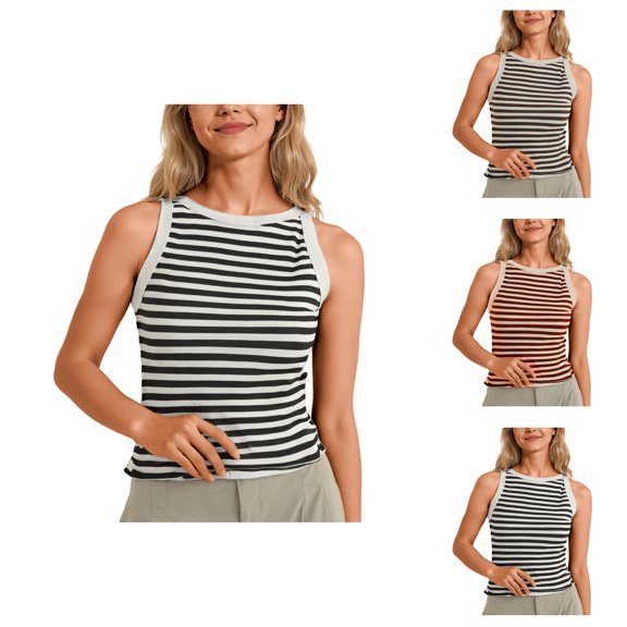 Striped Tank Tops for Women Ribbed Knit Crewneck Sleeveless Shirt Summer Womens Tanks