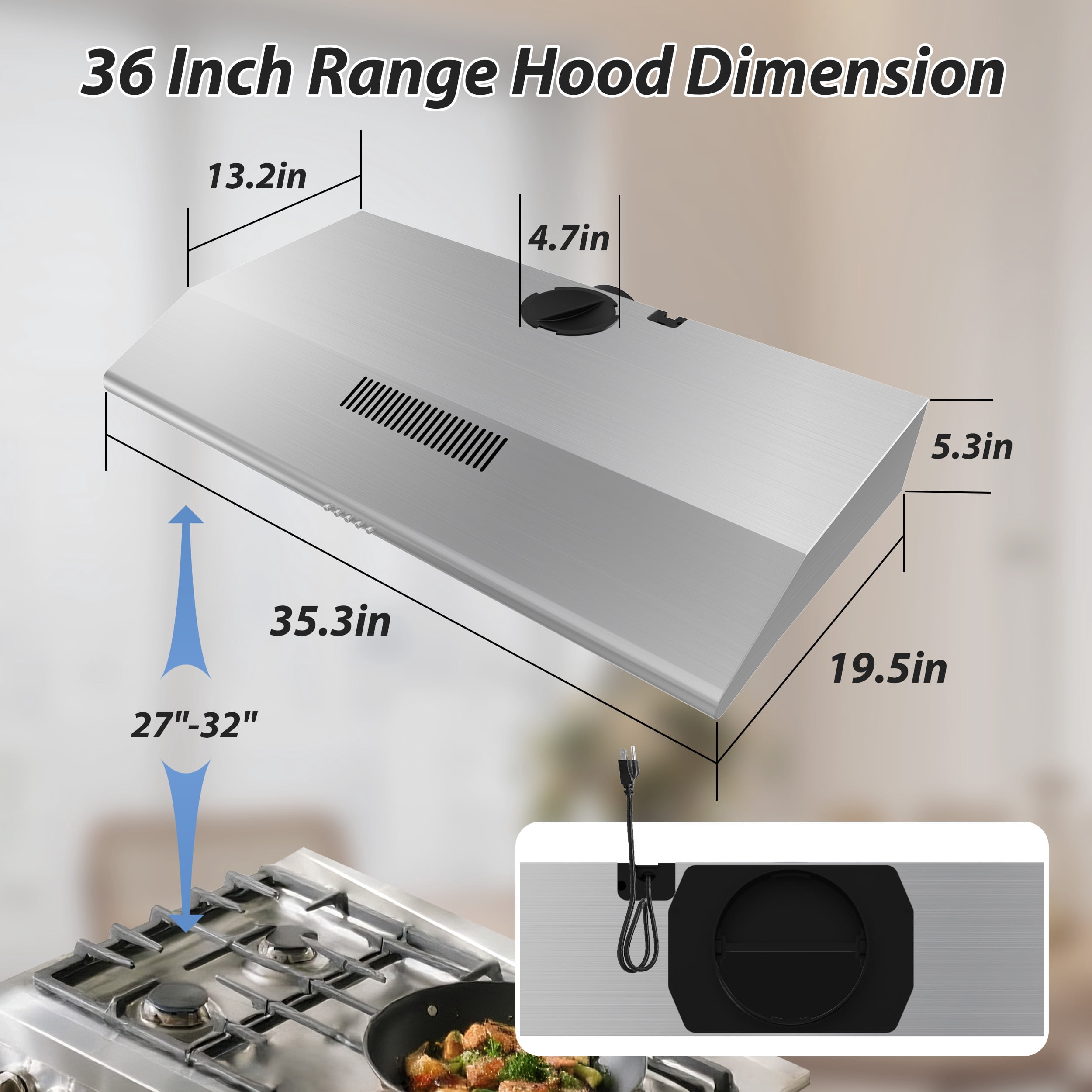FIREGAS 36 Inch Under Cabinet Range Hood, 3 Speed, 200 CFM Ducted/Ductless Kitchen Hood, LED Lights