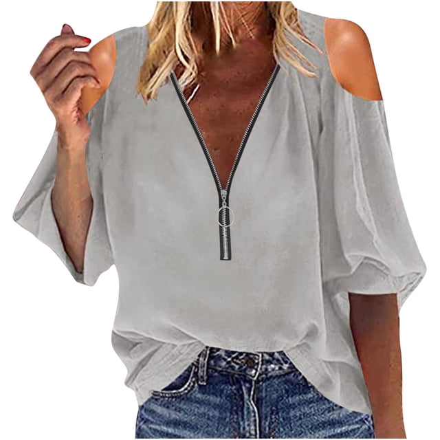 Hauts pour Femmes à Manches Longues, Couleur Unie, Col en V, Fermeture Éclair, Chemise pour Femmes, Robe Chemise pour Femmes
