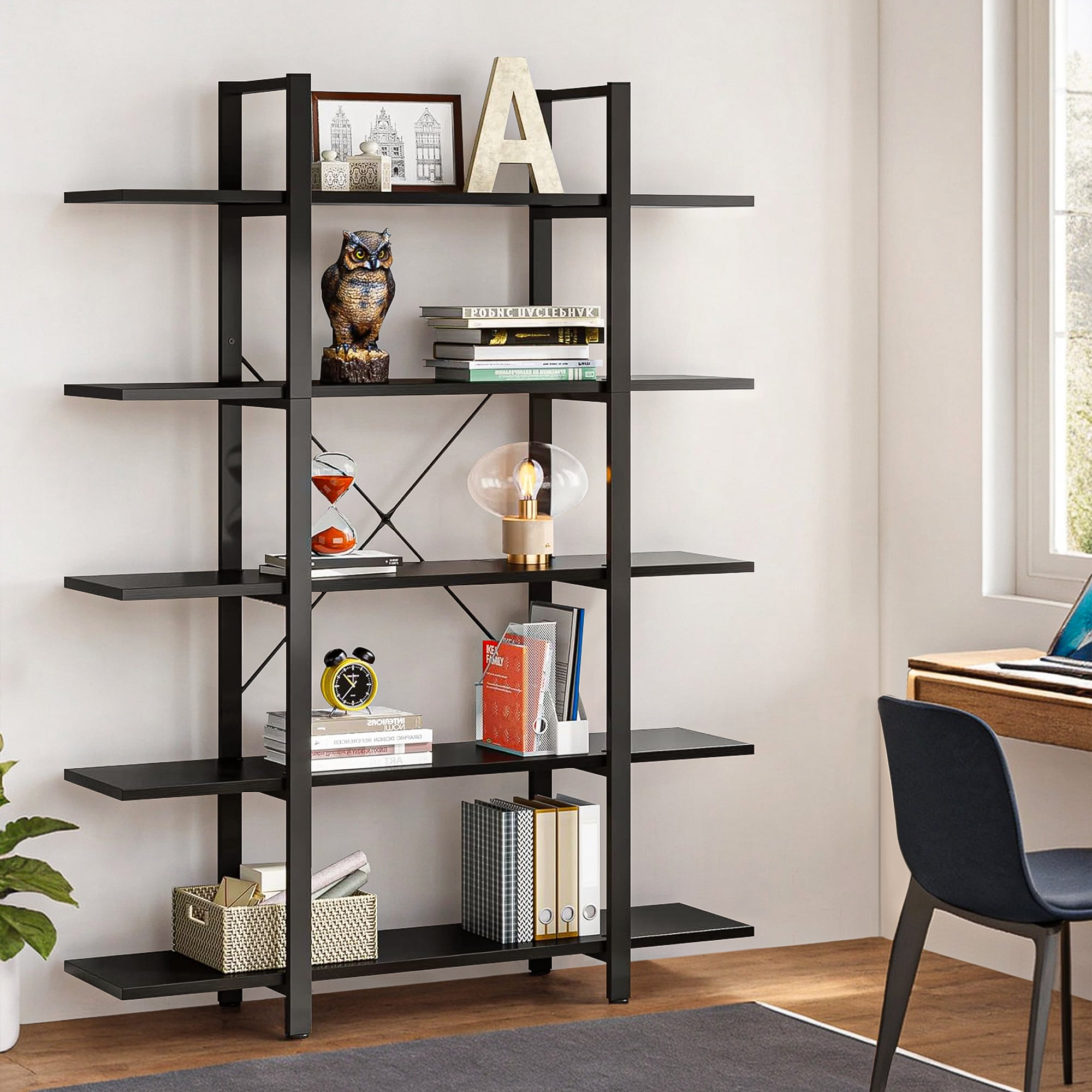 Demi Bonn 5 Tier Bookshelf, Bookshelves, Open Etagere Bookcase Shelf Storage Organizer, Free Standing Storage Shelving Unit for Bedroom, Living Room and Home Office, Black