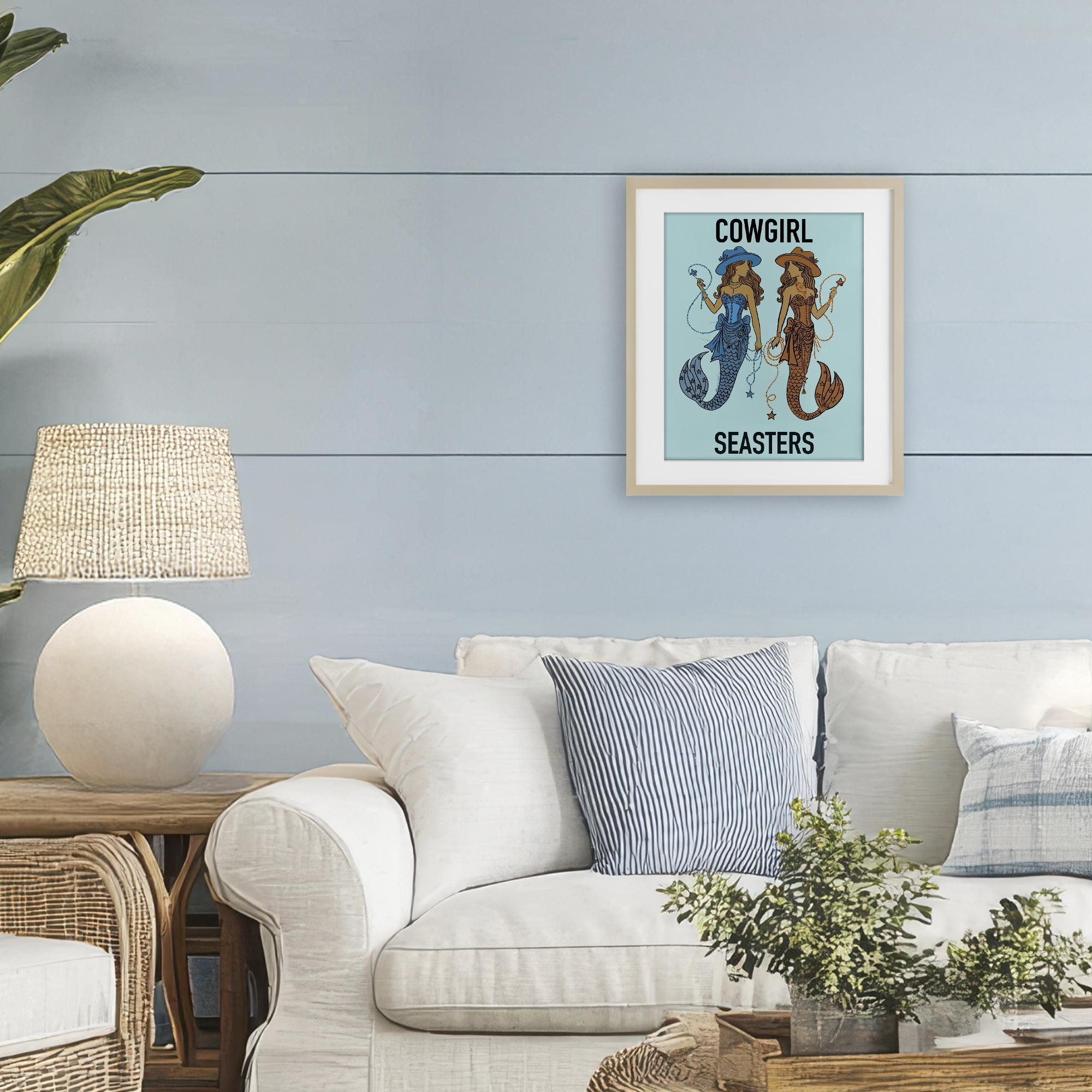 Cowgirl Seasters Mermaid Friendship Birch Framed Print Under Glass, design by Amelia Noyes