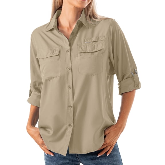 POENTAB Long Sleeve Fishing Shirts for Women Quick Dry Sun UV Protection Convertible Button Shirt Blouse for Hiking Safari