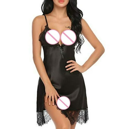 

YDKZYMD Women s Bra and Panty Black Chemise Sexy Satin Sleepwear Full Slip Lace Deep V Lingerie Set 1 Piece