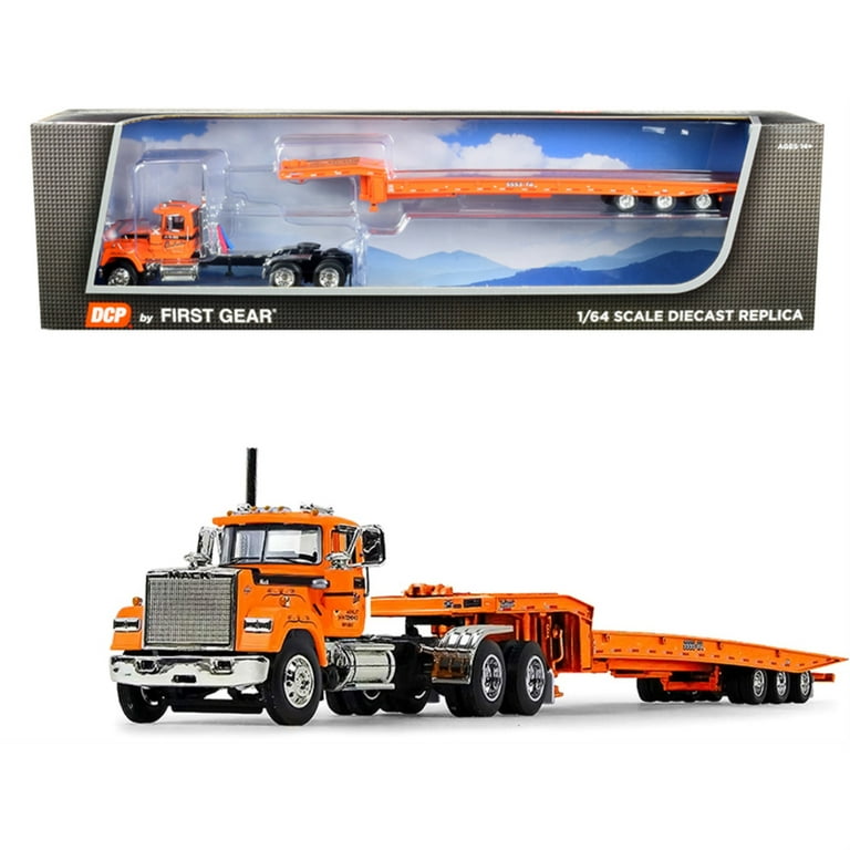 Mack Super-Liner Day Cab Truck with Talbert 5553TA Tri-Axle Trailer \J.V.  III Construction\ Orange 1/64 Diecast Model by DCP/First Gear