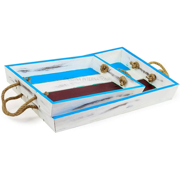 Nagina International Beautiful Vintage Colorwashed Serving Trays Set of 2 with Rope Handles - Pirate Home Decor Gift