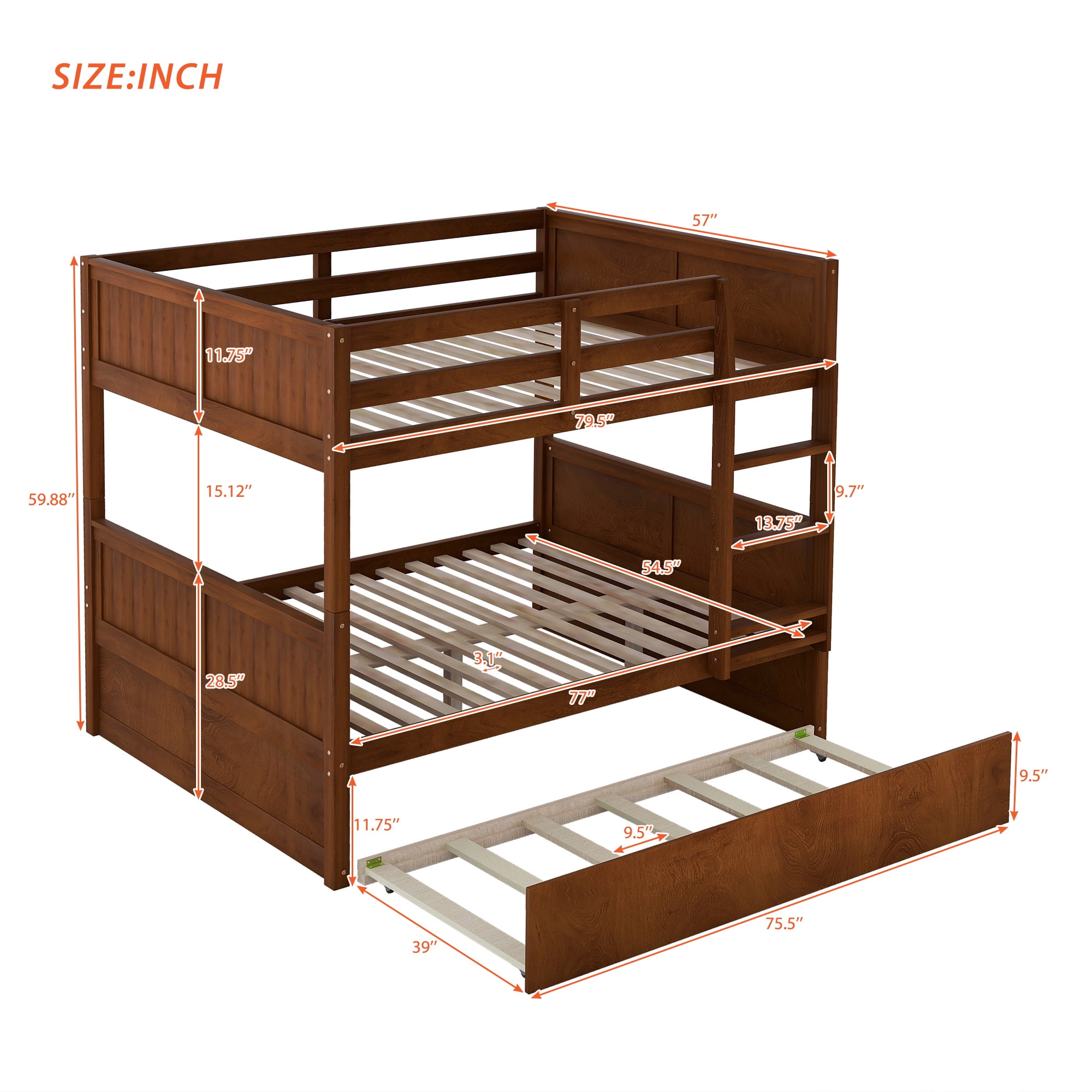 DEALTOPS Full Over Full Bunk Bed with Twin Size Trundle for Kids and Adults, Wood, Walnut