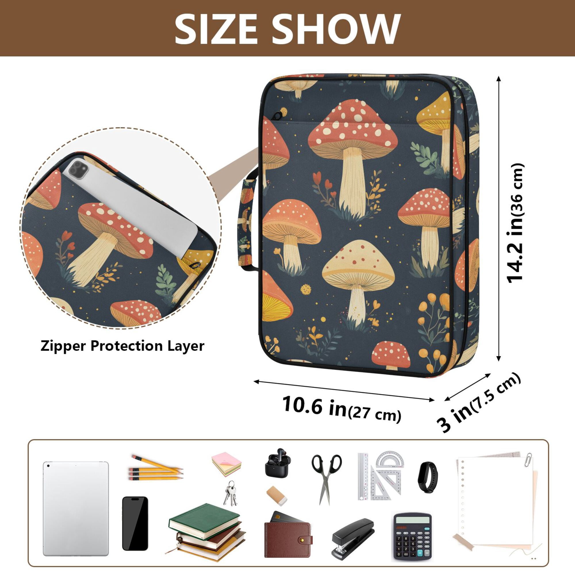 FORMRS Accordion File Folder A4 Size 7-Pocket Expanding Document Organizer Bag with 3 Ring Binder, Black Mushroom Pattern