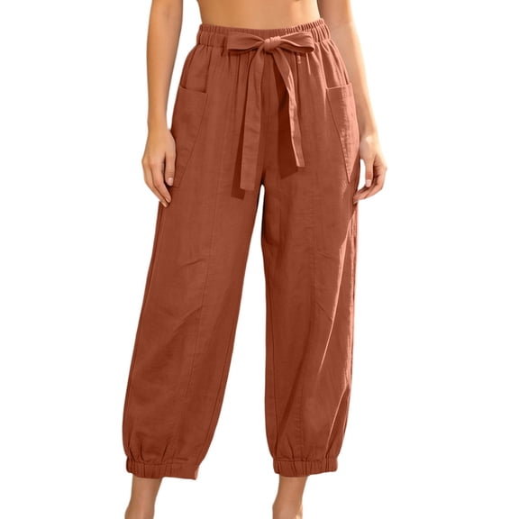 Guluxicc Women's Cotton Tapered Pants with Pockets Elastic Waist Drawstring Loose Jogger Trousers for Everyday Wear