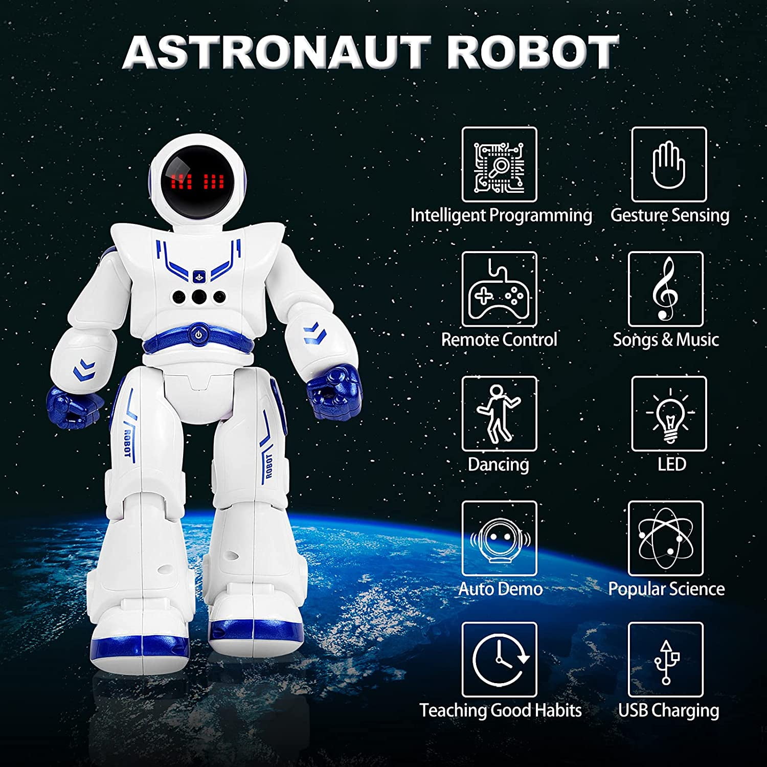 Remote Control Robot Toys for Kid,RC Smart Robot with Walking Singing Dancing,Intelligent Gesture Sensing & Educational Programmable,for Ages 3 and up,Blue