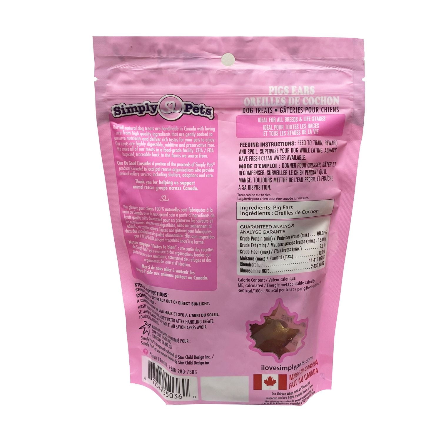 PRODUIT DU CANADA - Simply Pets Friandises Naturelles Oreilles de Cochon pour Chiens, Paquet de 2 (112g)